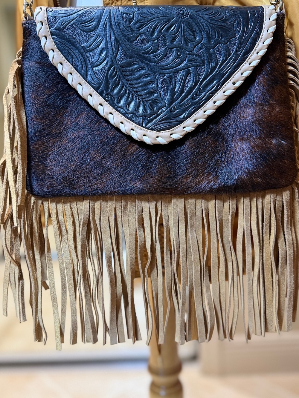 Woman's Hand tooled Full Grain Leather Crossbody - Brown/Tan